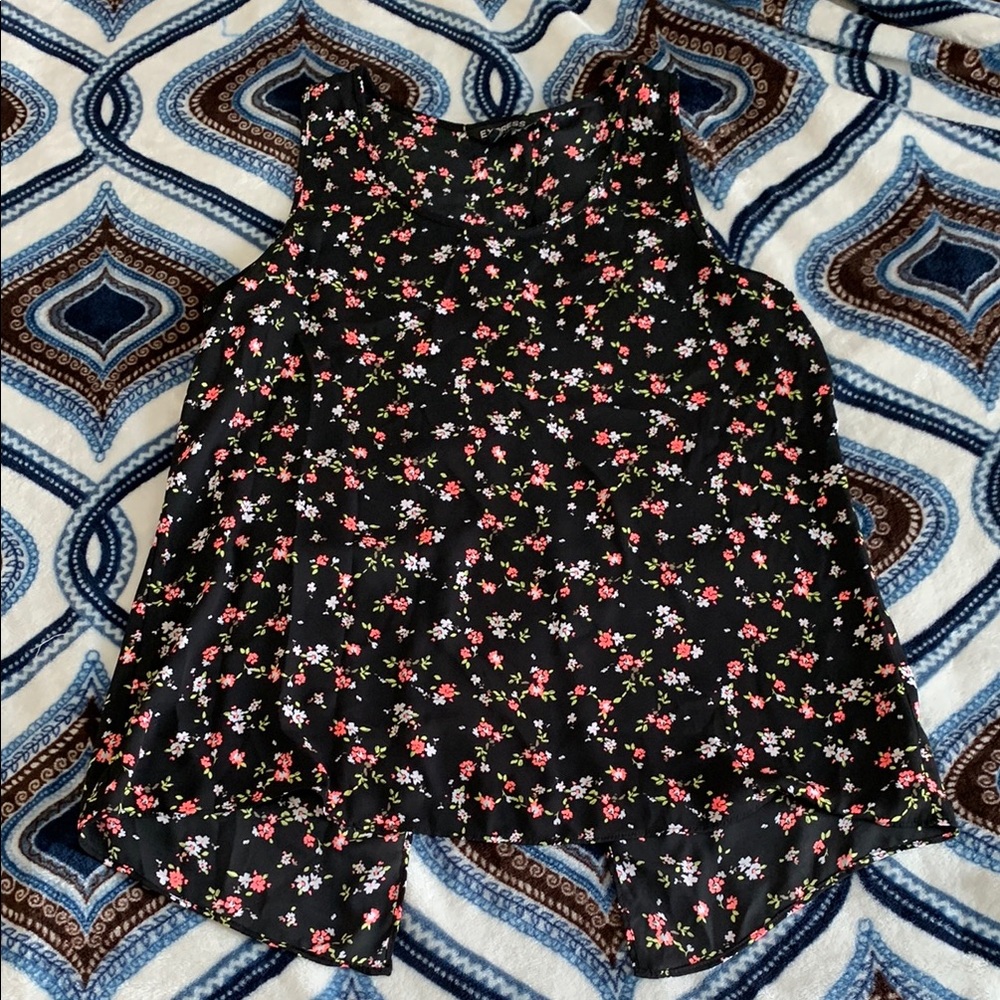 Express Black Floral Split Back Top